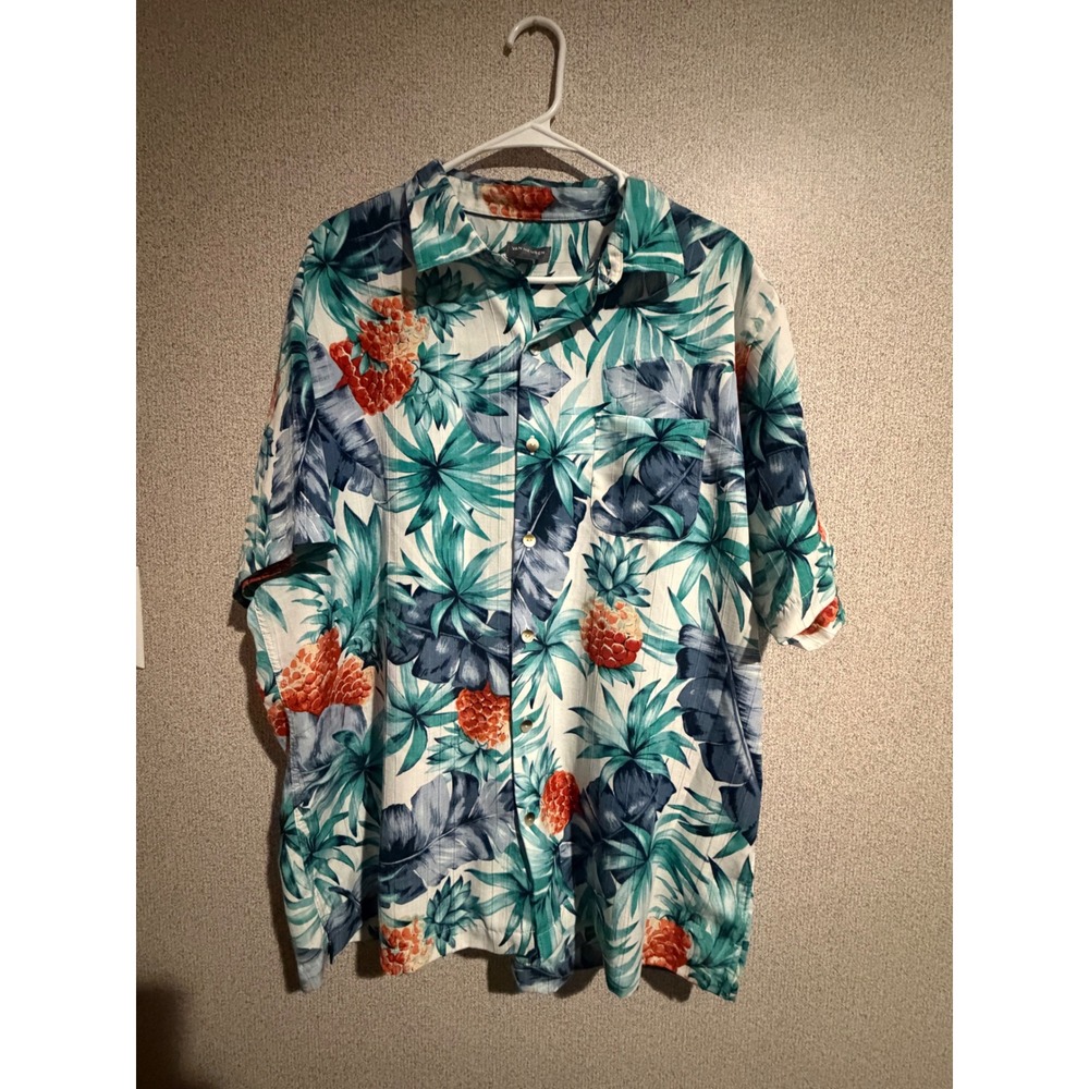 Van Heusen Air Mens XL Tropical Pineapple Palm Leaf Button Down Shirt Teal Blue